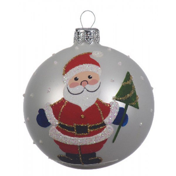 Χριστουγεννιάτικη Γυάλινη Μπάλα Λευκή με Άγιο Βασίλη (8cm)